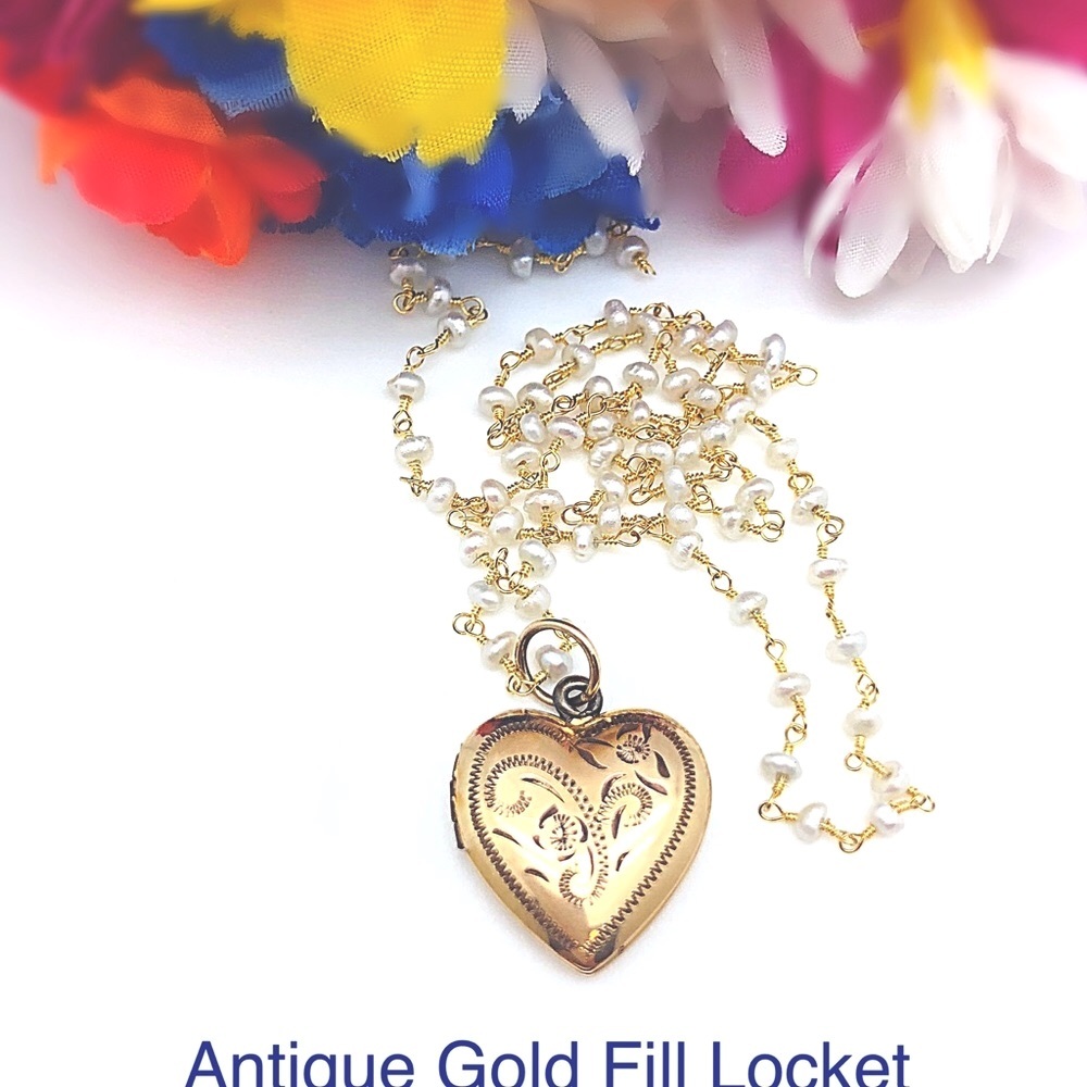 Beautiful Etched Antique Gold Heart Locket Choker on Hand Wired Pearl Chain